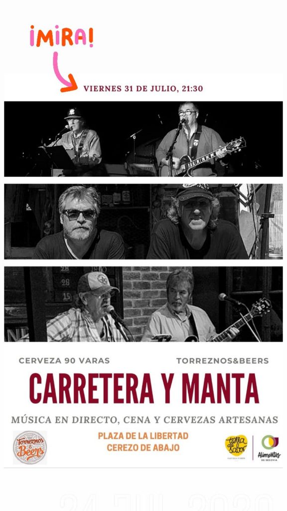 Carretera y Manta en Cerezo de Abajo, el viernes 31 de Julio de 2020, a las 21:30!! Música en Directo, cena y cervezas artesanas!! 
